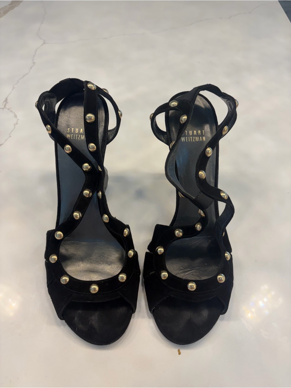Stuart Weitzman Black Suede Studded Strappy High-Heel Sandals. Size: 10